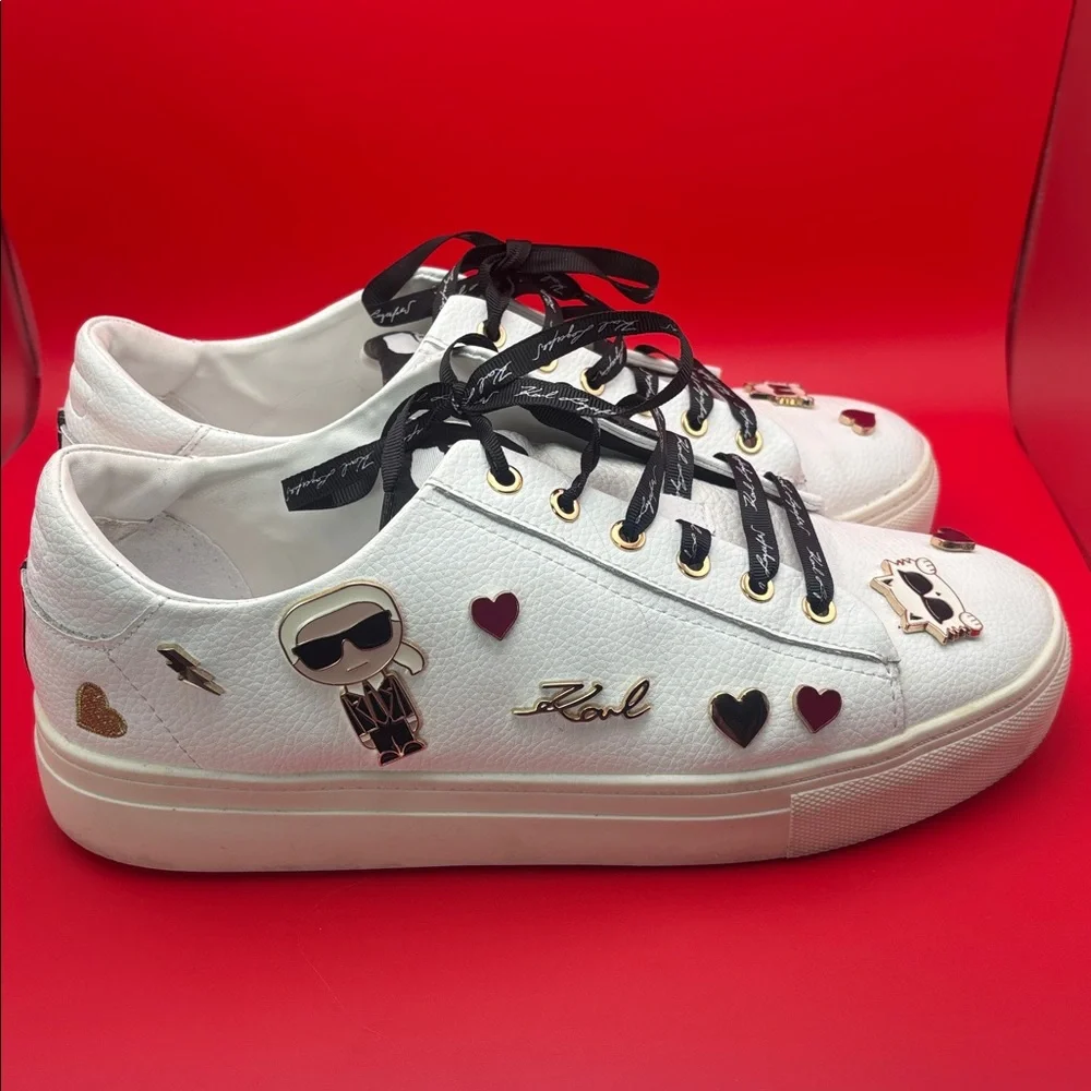 KARL LAGERFELD Paris Cate Leather Pin Embellished Lace-up Sneakers , size 9.5 GC - Picture 6 of 13